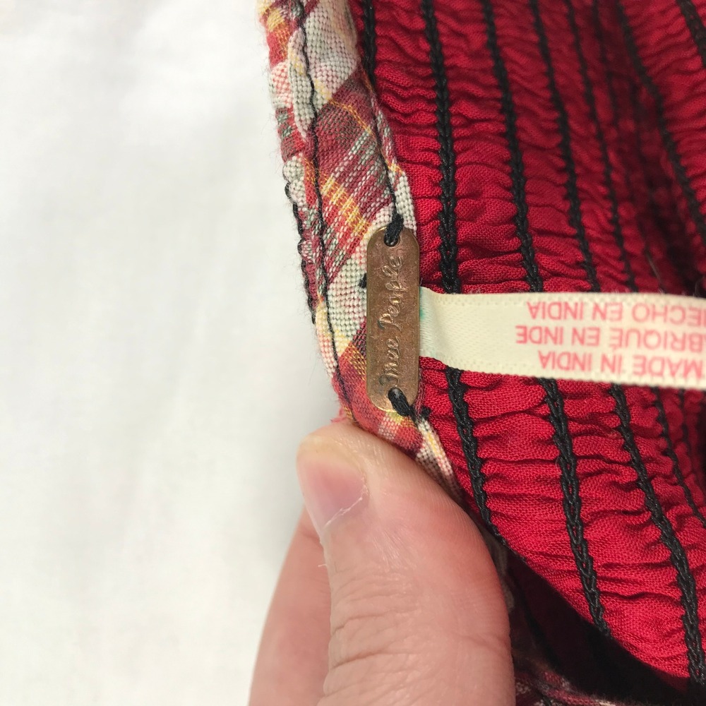 Free People Red Plaid Smocked Nightingale Dress Sleeveless Velvet Tie Medium M - Picture 4 of 7